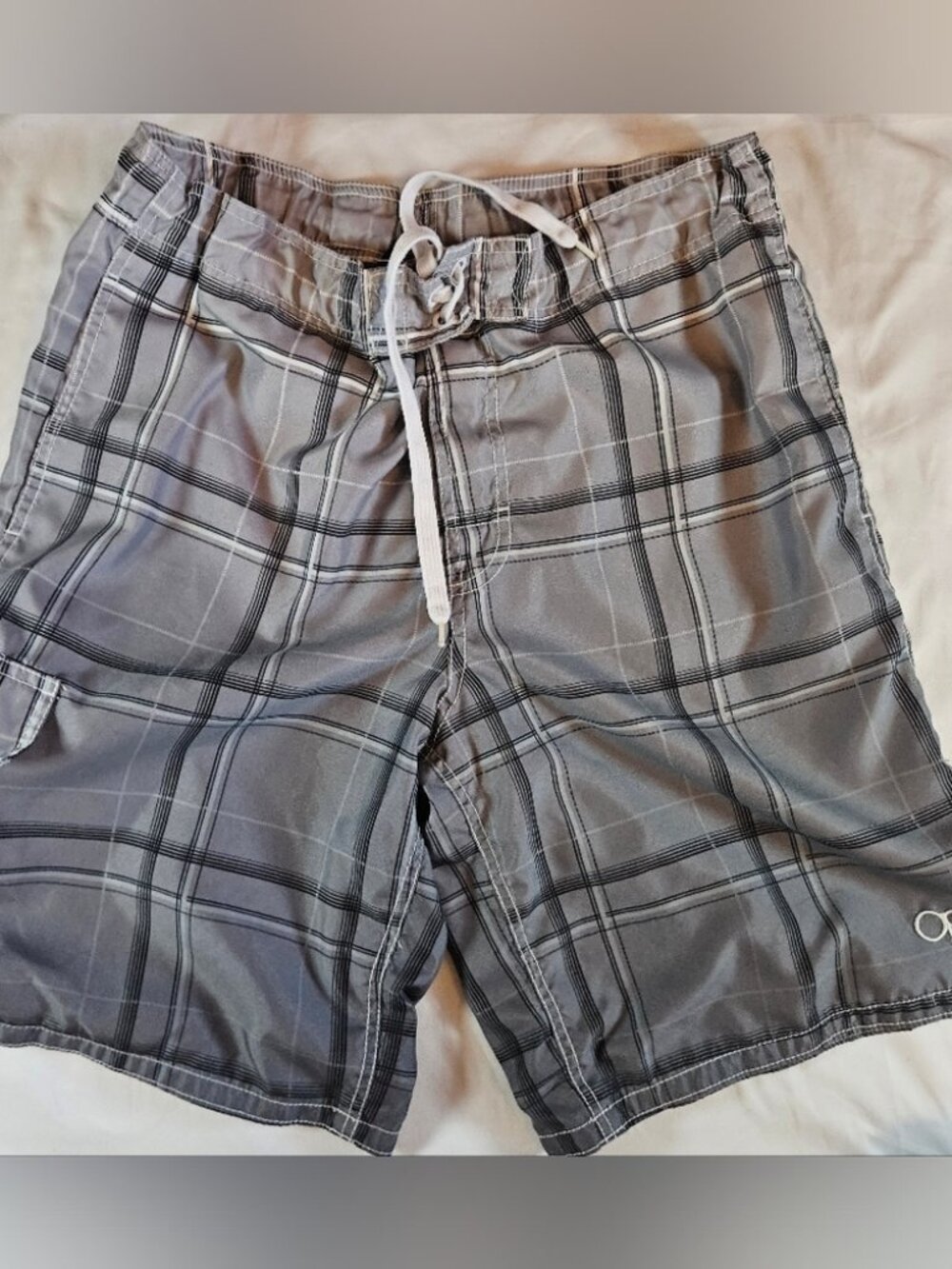 Op Mens Gray And White Ombre Drawstring Tie Waist Swim Trunks Size Medium